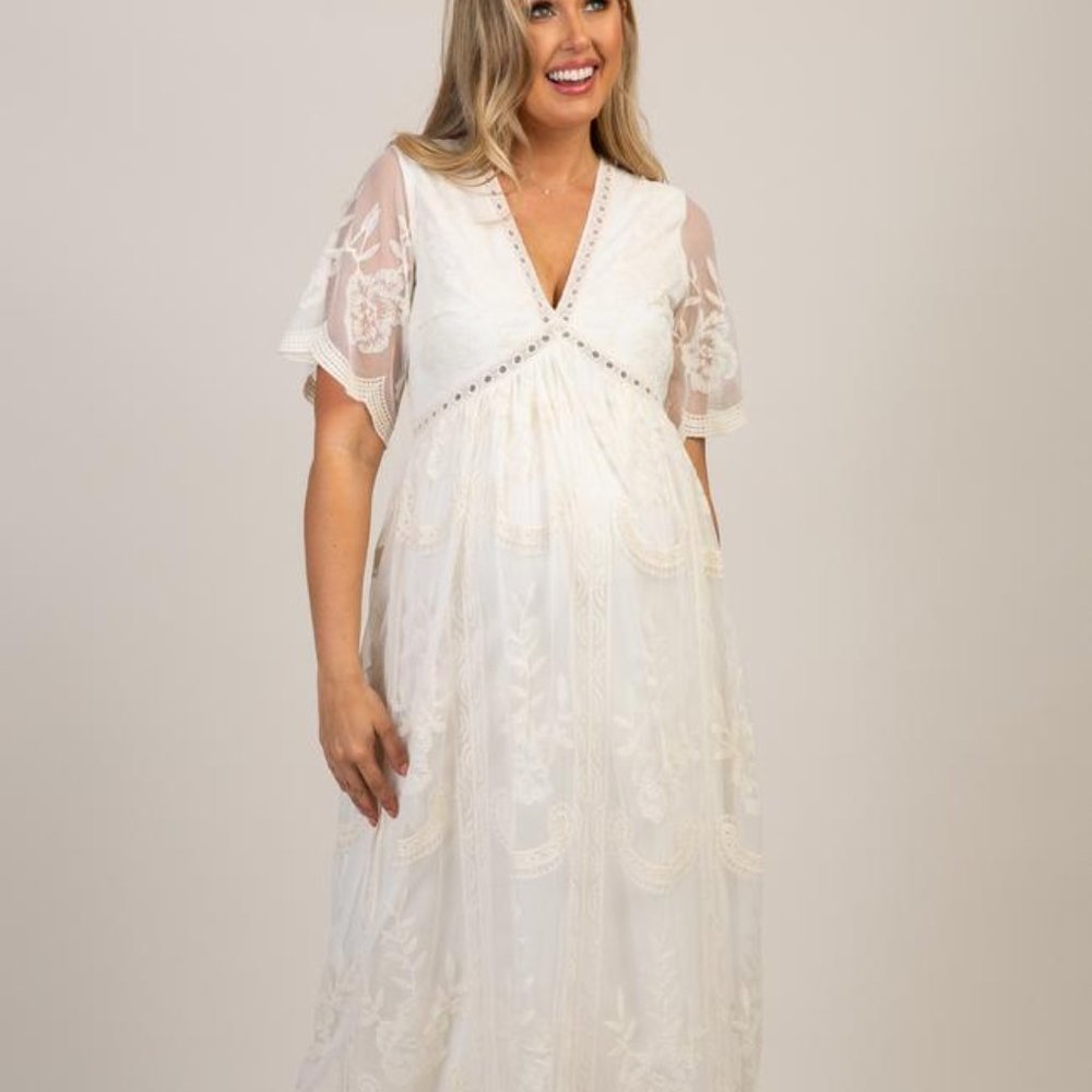 PinkBlush Cream Lace Mesh Overlay Maxi Dress